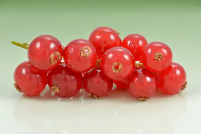 Kiiltäviä punaherukoita tertussa vaaleanvihreällä taustalla