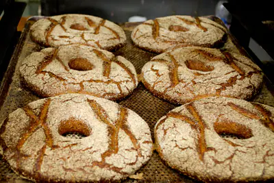 Kuusi jauhopintaista ruisreikäleipää rei'itetyllä leivinpellillä