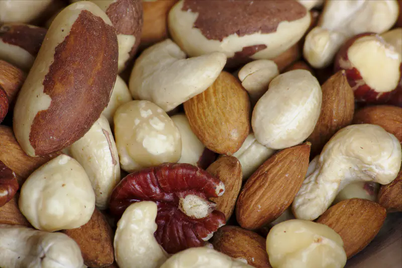 Lähikuva raaoista sekapähkinöistä: parapähkinöitä, cashewpähkinöitä, manteleita, hasselpähkinöitä ja pekaanipähkinä