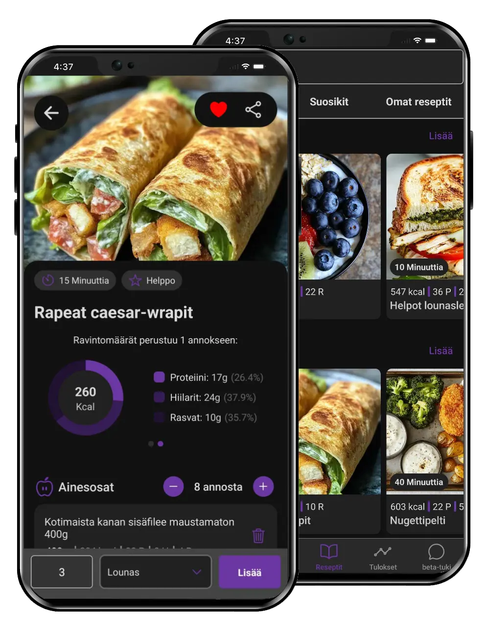 Kaksi puhelinta, joissa näkyvät kalorilaskurin reseptiominaisuudet, kuten reseptien luominen ja muokkaaminen omiin tarpeisiin.