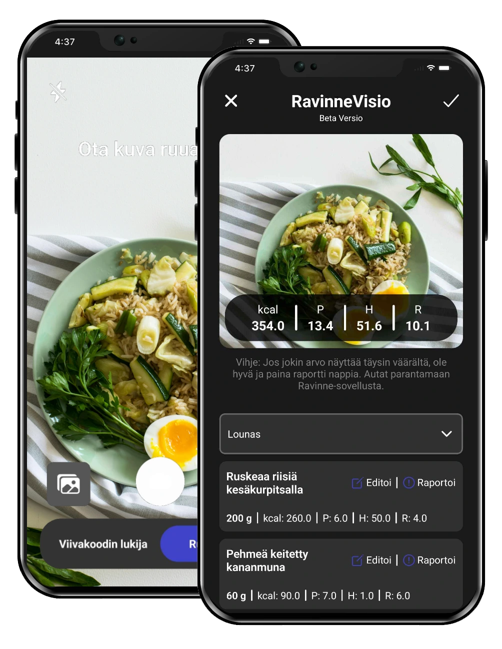 2 puhelinta missä esitellään kalorilaskurin ruoakuva tunnistus ominaisuutta