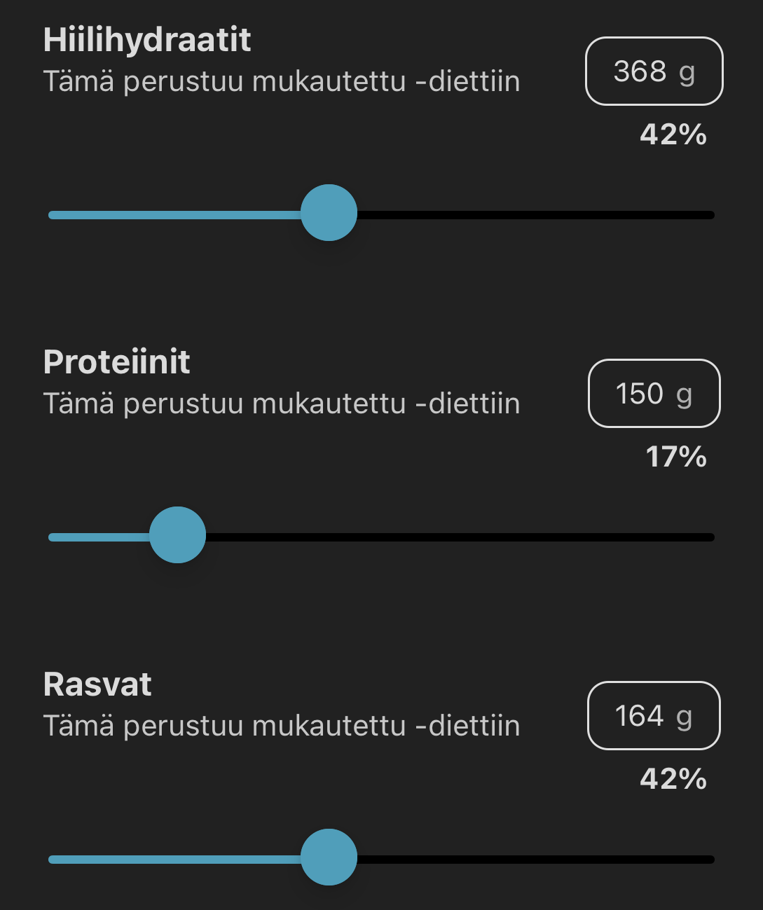 Kalorilaskuri, jossa näkyy ravintotavoitteiden kustomointi – Mukauta makroravinteet ja kalorit omiin tarpeisiisi.