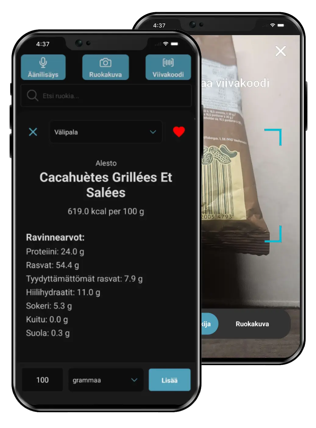 2 puhelinta missä näkyy kalorilaskurin viivakoodilukija ominaisuus