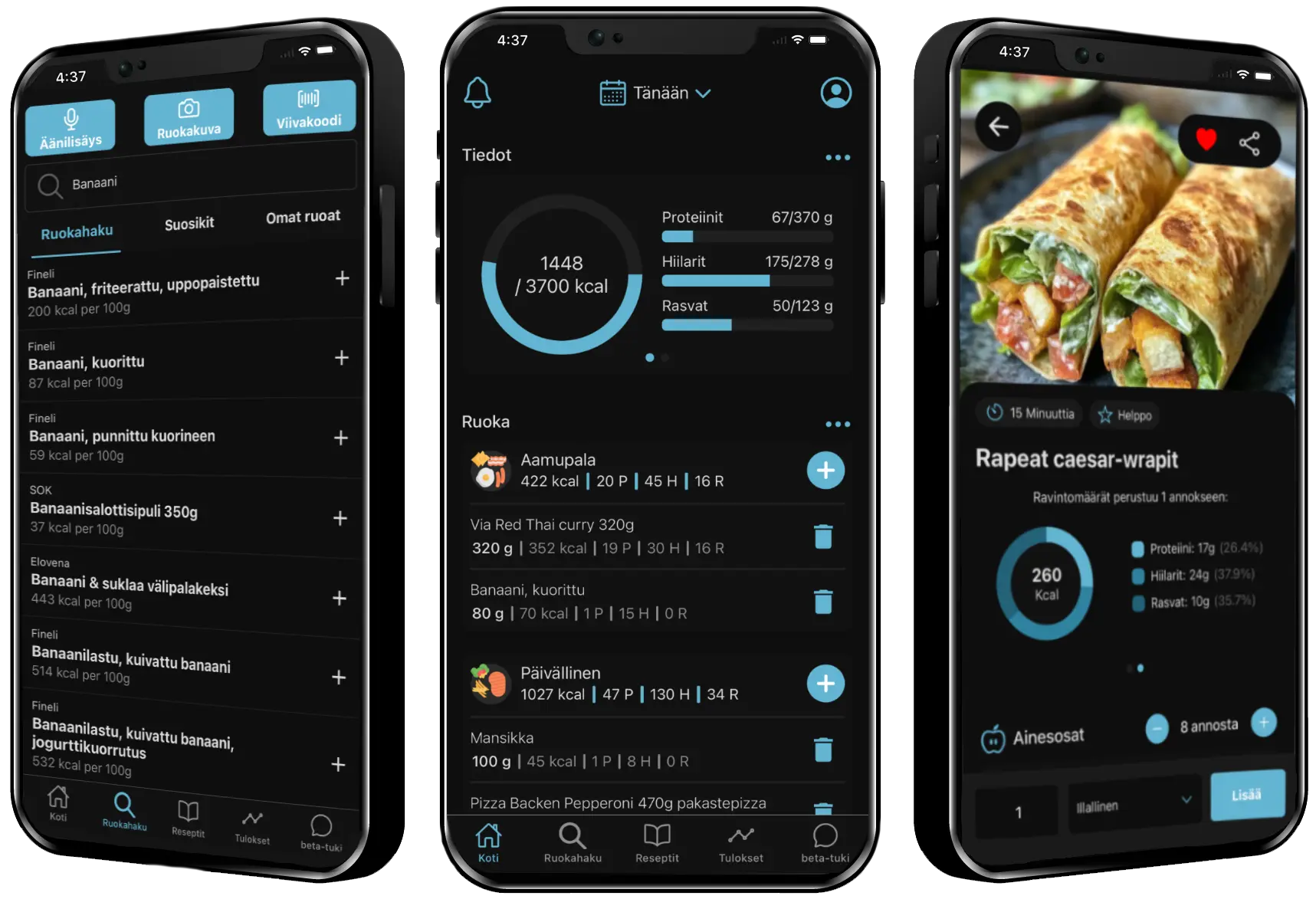 Kolme eri puhelinta näyttämässä kalorilaskuri-sovellusta eri näkymissä, havainnollistaen sen helppokäyttöisyyttä ja monipuolisuutta.